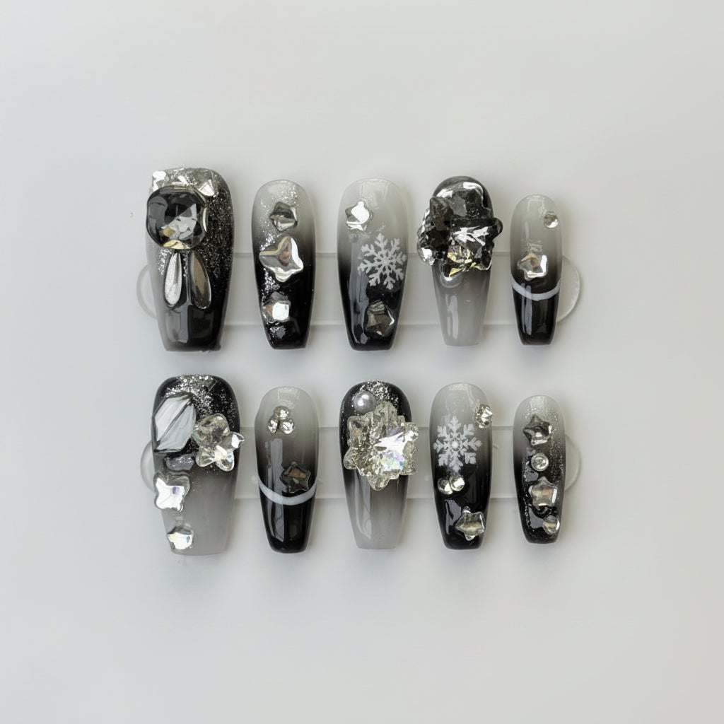 Black Silver Rhinestone Nails