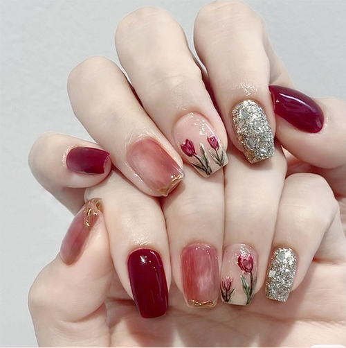 Burgundy Floral Glitter