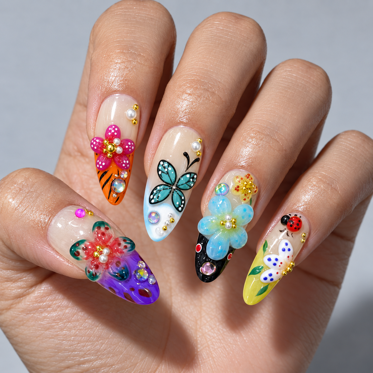 A close-up of a hand displaying five long, decorated almond-shaped nails with colorful floral, butterfly, and ladybug nail art designs.
