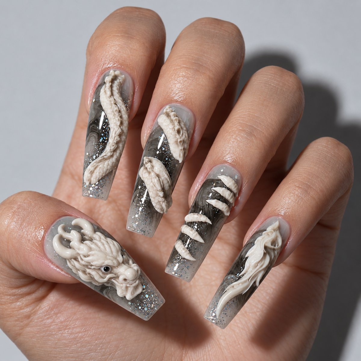 Black White 3D Gothic Chinese Dragon&nbsp;Press-On Nails
