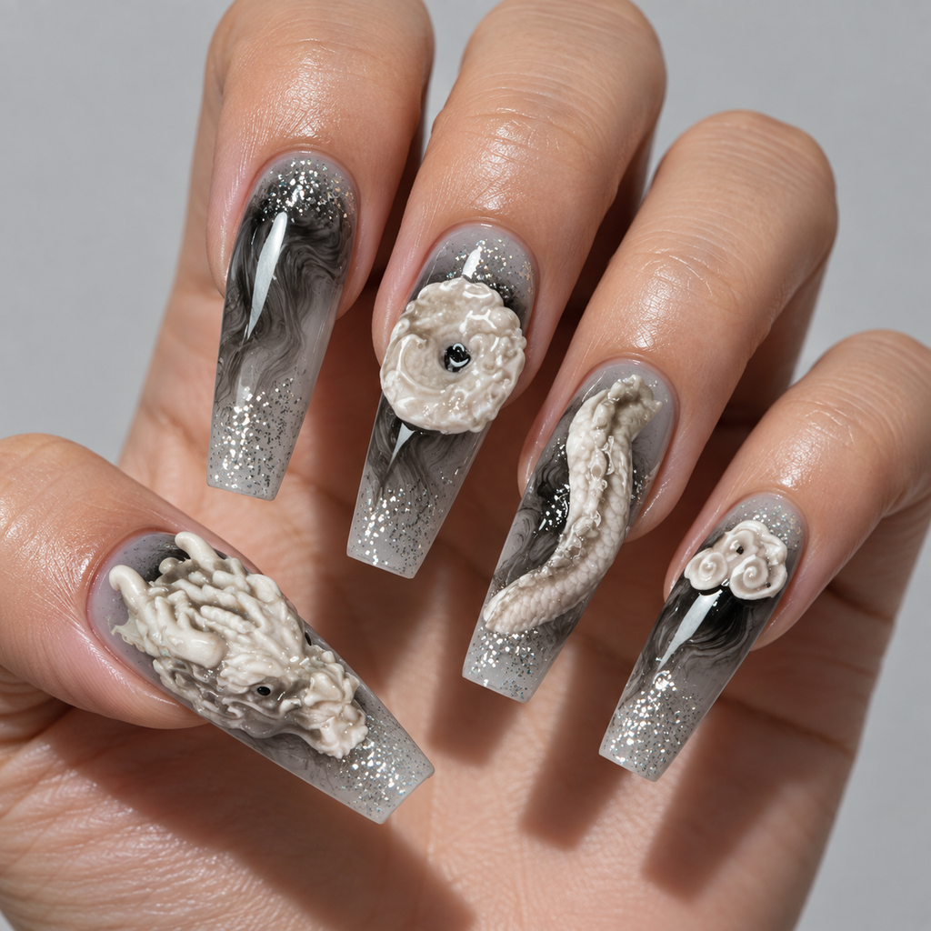Black White 3D Gothic Chinese Dragon&nbsp;Press-On Nails