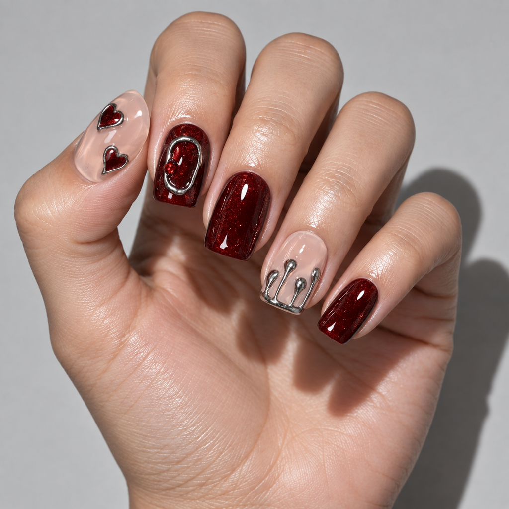 A close-up of a hand showcasing a manicure with alternating deep burgundy glitter nails and pale pink nails decorated with small red hearts and silver nail art.