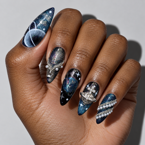 A close-up of a hand with long stiletto-shaped nails decorated in a galaxy and space theme. The nails feature dark blue and black glitter backgrounds with white stars, planets, and pearl-like bead accents, shown against a plain light gray background.
