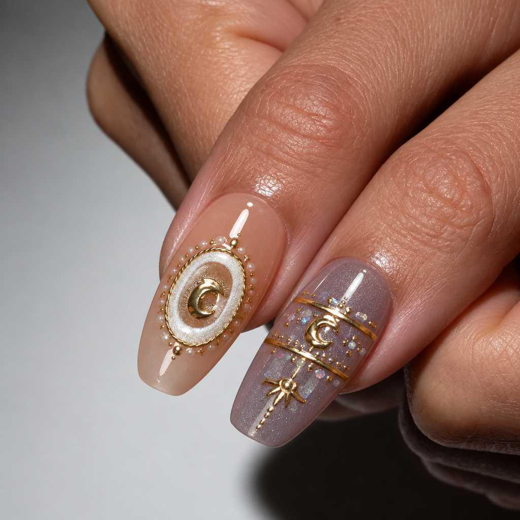 Close-up of a hand showcasing two decorated fingernails with celestial nail art designs in beige and lavender tones with gold metallic details.