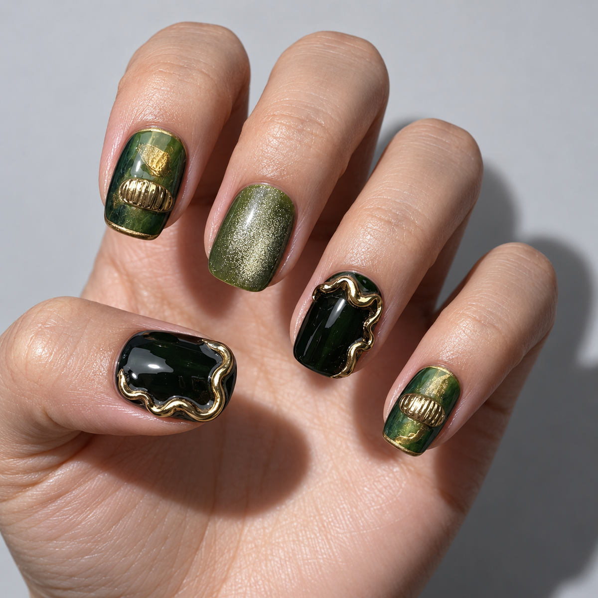 Emerald and Gold Sculpted Nails