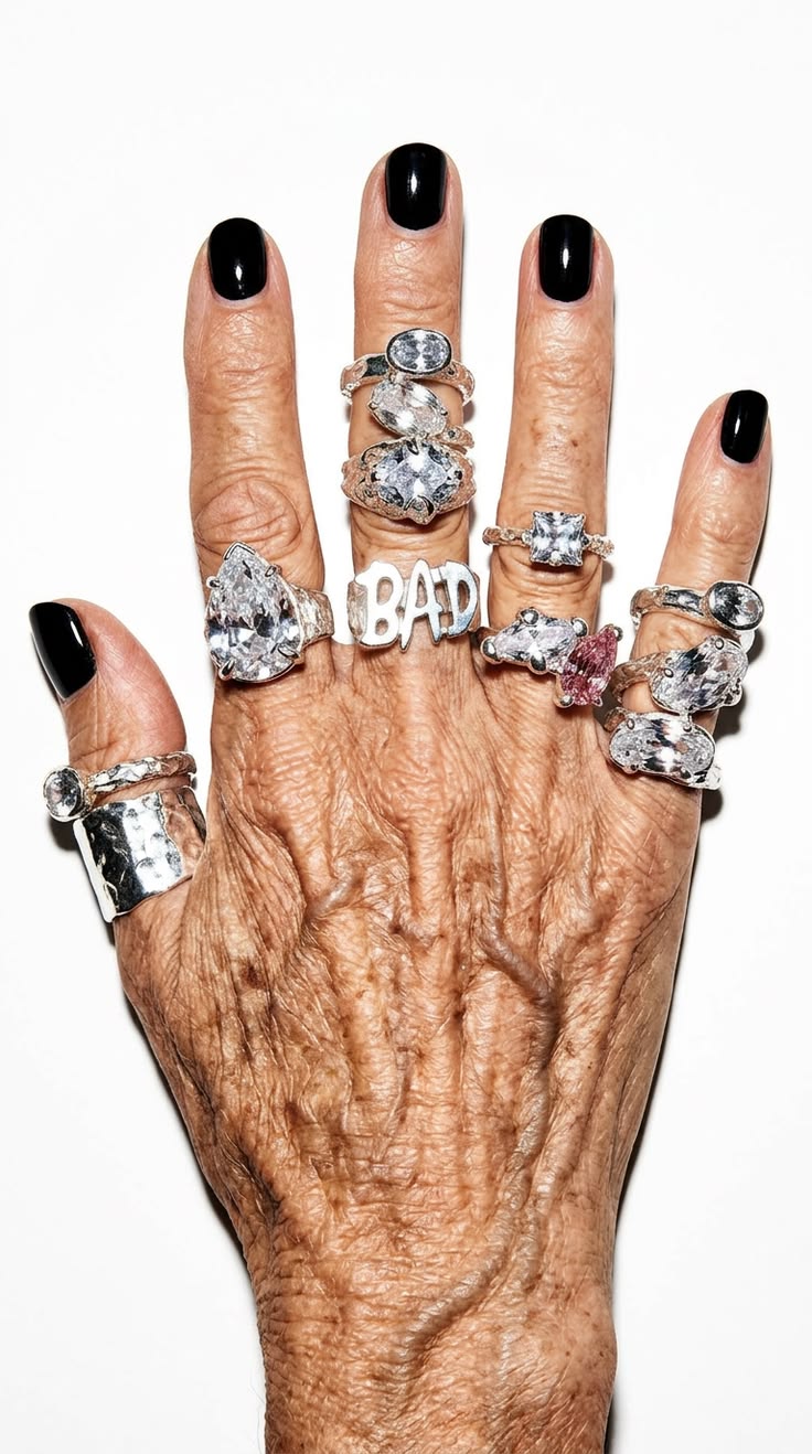 An elderly hand with black nail polish and multiple silver rings, including a prominent 'BAD' ring, shown against a plain white background.
