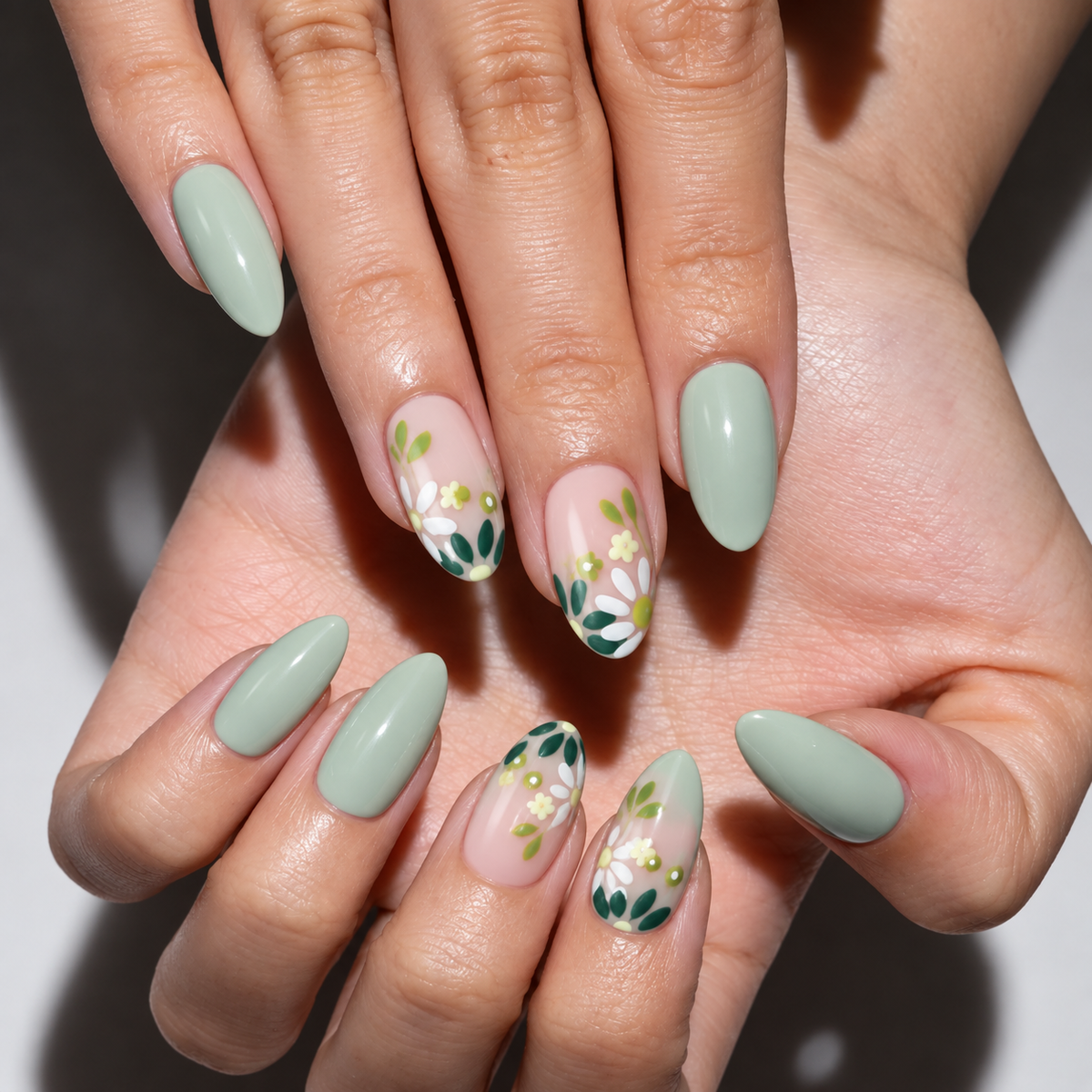 Close-up of hands with manicured almond-shaped nails in a soft sage green color, with two accent nails decorated with white flowers and green leaves on a light pink base.