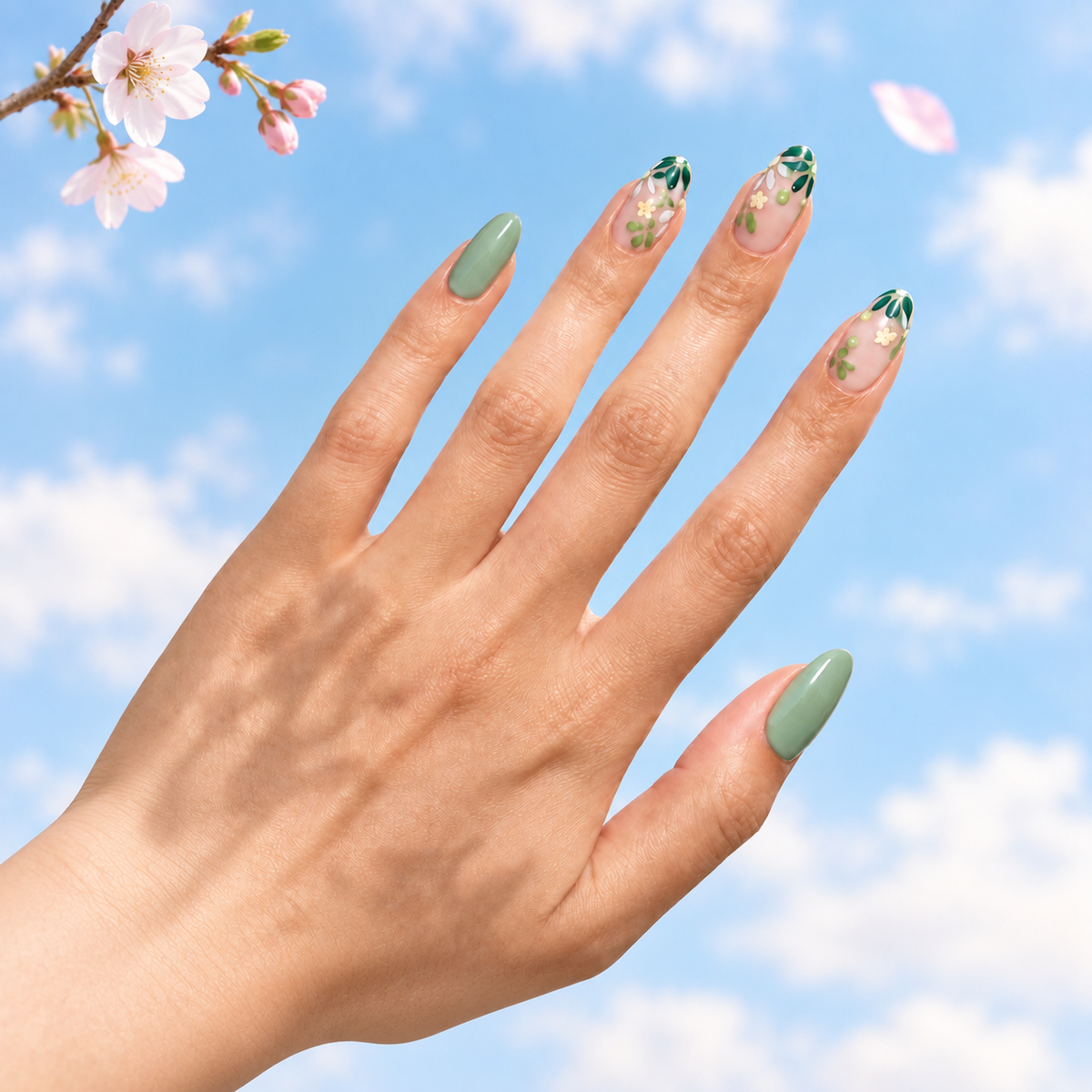 A close-up of a hand with almond-shaped nails painted in a sage green color, with two nails featuring a green and white floral pattern. The hand is set against a bright blue sky with white clouds, cherry blossom branches, and a pink petal.