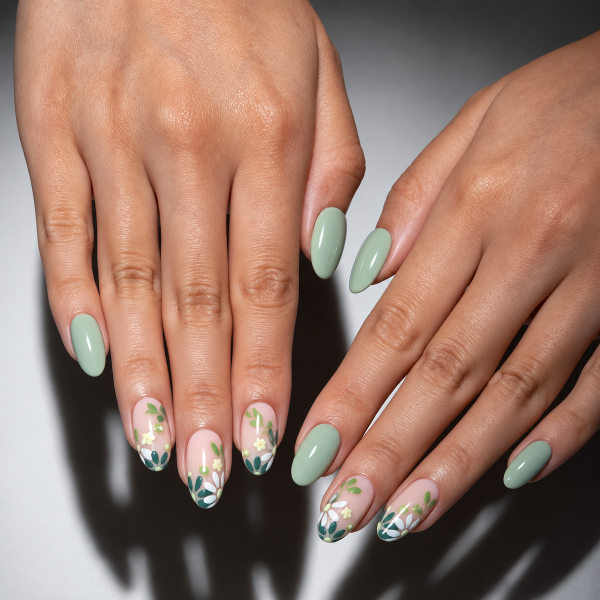 Close-up of a person's hands showcasing a manicure with light sage green oval nails on the back nails and delicate floral nail art on the fingertips.