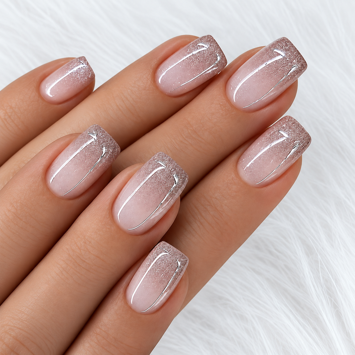 A close-up of a hand with manicured nails featuring a sheer nude-pink base, silver glitter gradient tips, and a white curved accent line near the cuticle, set against a soft white faux-fur background.