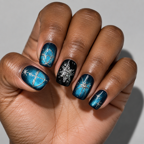 A close-up of a hand showcasing a detailed nail art design. The nails feature a mix of deep teal blue and black backgrounds decorated with metallic gold celestial motifs, including a bow and arrow, a snowflake, and stars.