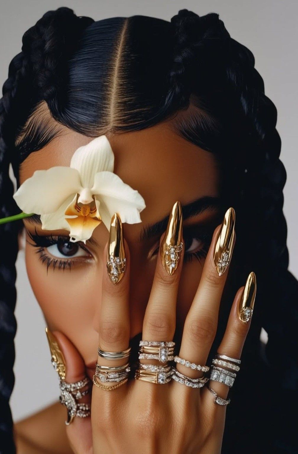 A close-up portrait of a model with braided hair, a white orchid flower across her eye, and long manicured nails decorated with gold and crystal embellishments. She is wearing multiple stacked rings on her fingers against a neutral gray background.